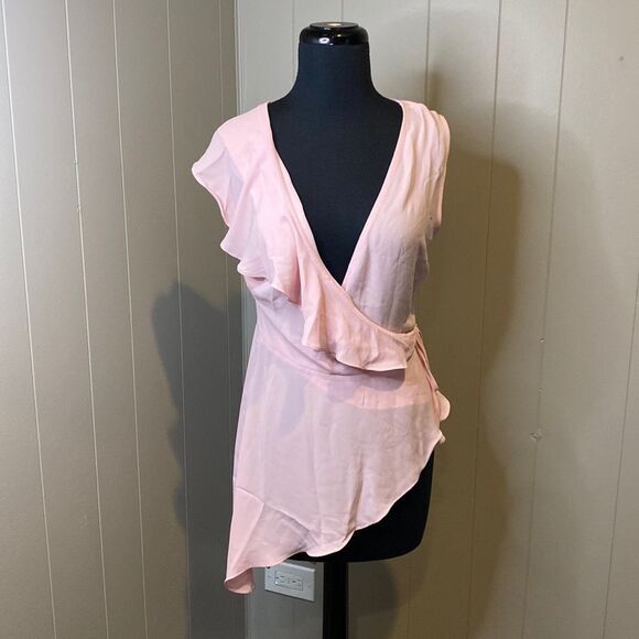 NWT BCBGMaxazria Small Tunic Top Asymmetrical Wrap Sheer Pink Ruffle - Picture 2 of 8